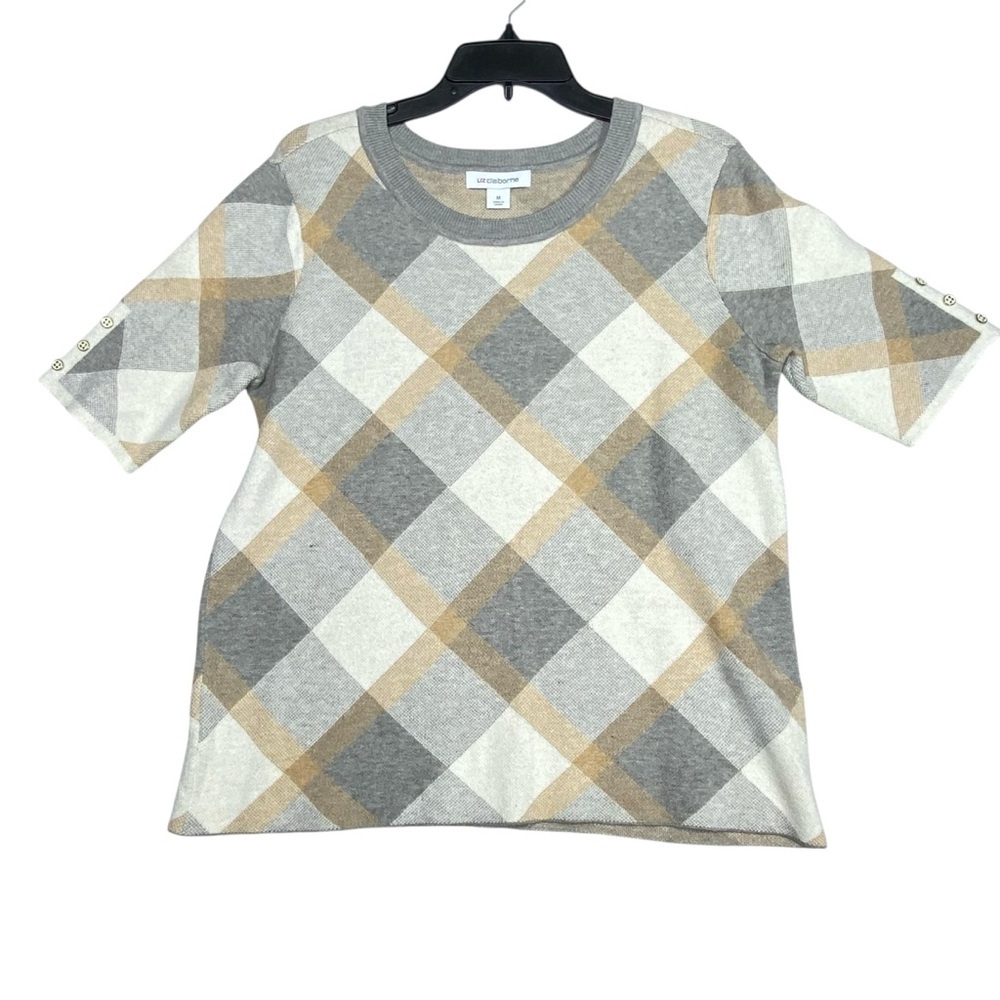 Liz Claiborne Sweater Womens M Argyle Diamond Crew Neck Short Sleeve Cozy Warm